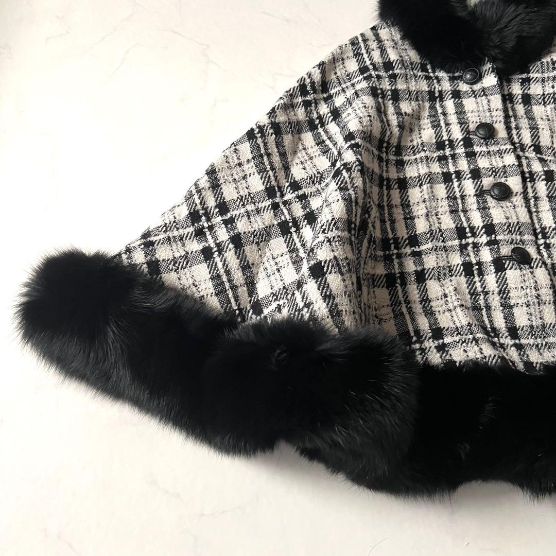 美品 Rene フォックスファー ポンチョ コート ツイード チェック 36毛皮
