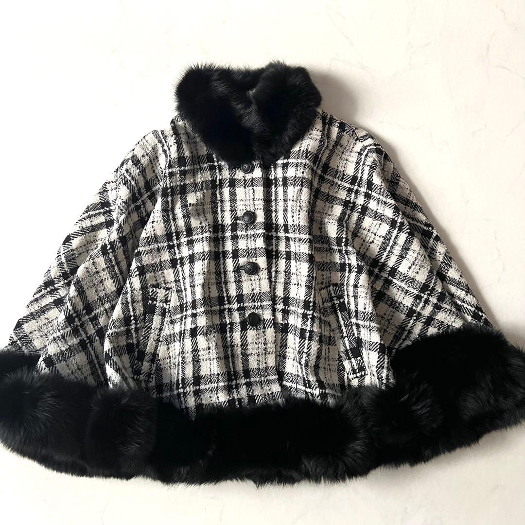 美品 Rene フォックスファー ポンチョ コート ツイード チェック 36毛皮