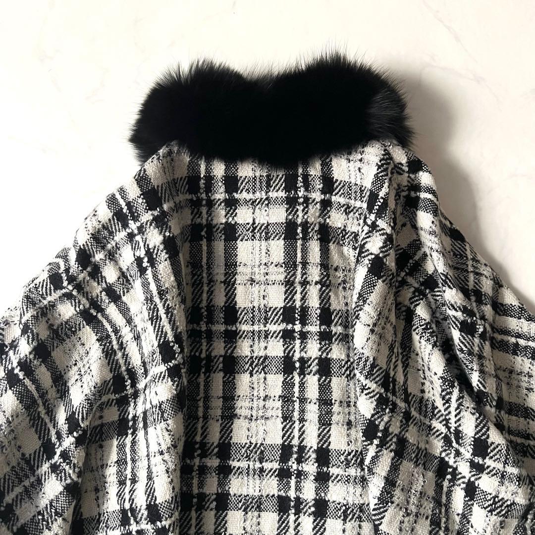 美品 Rene フォックスファー ポンチョ コート ツイード チェック 36毛皮