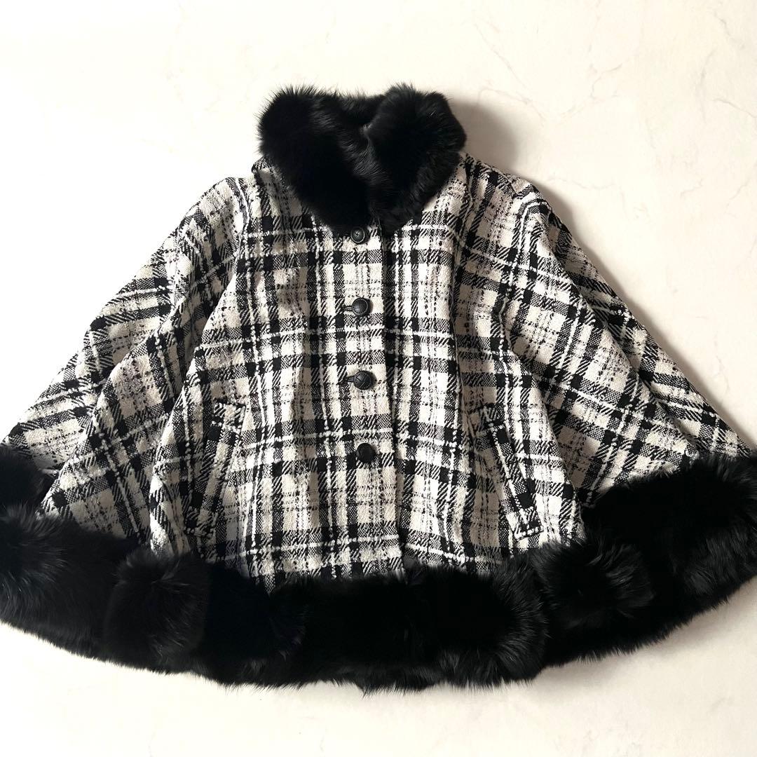 美品 Rene フォックスファー ポンチョ コート ツイード チェック 36毛皮