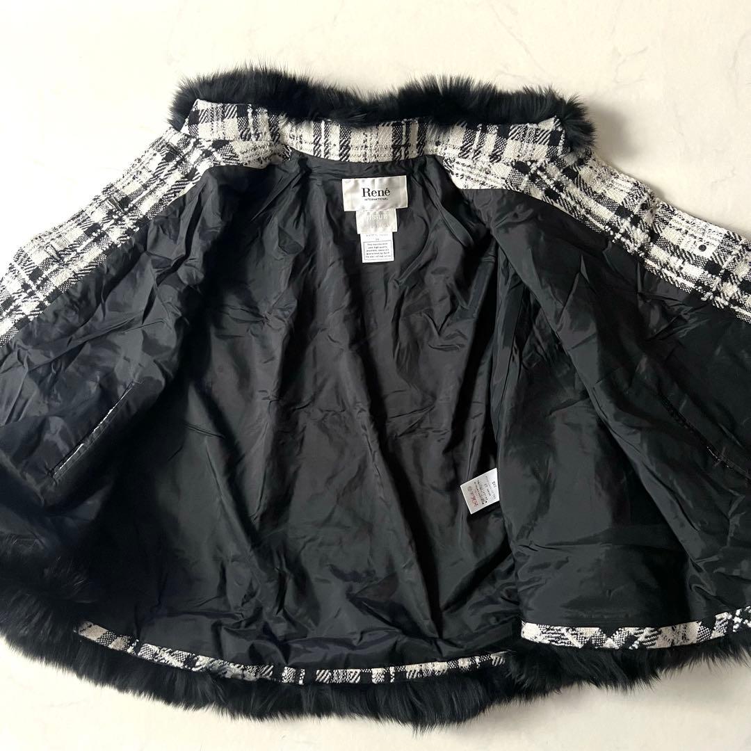 美品 Rene フォックスファー ポンチョ コート ツイード チェック 36毛皮
