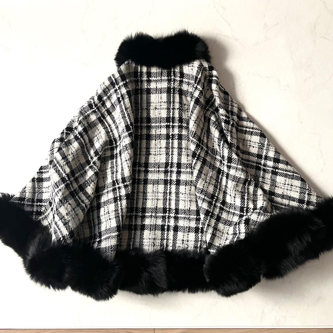 美品 Rene フォックスファー ポンチョ コート ツイード チェック 36毛皮
