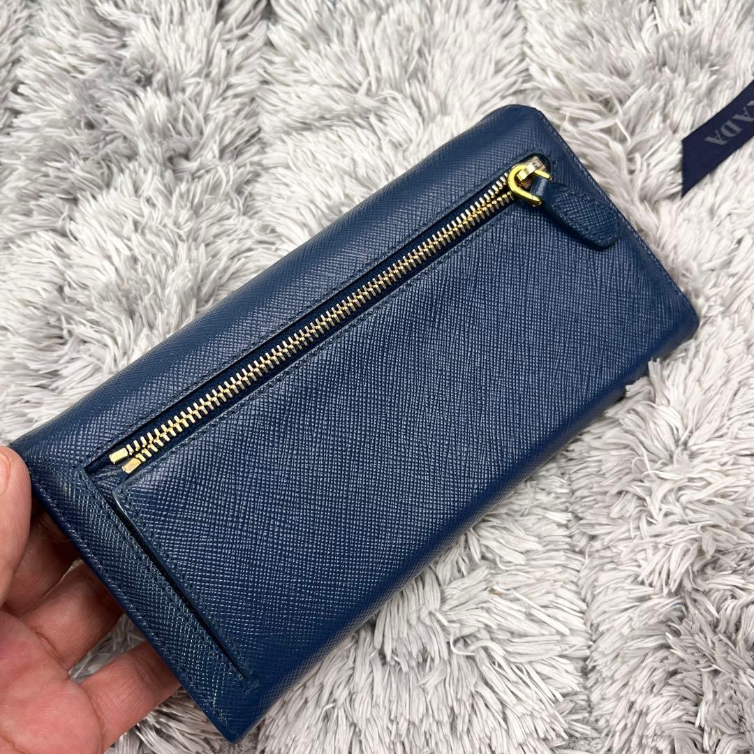 美品✨PRADA サフィアーノ　メタルバー　メタルロゴ　ネイビー　長財布