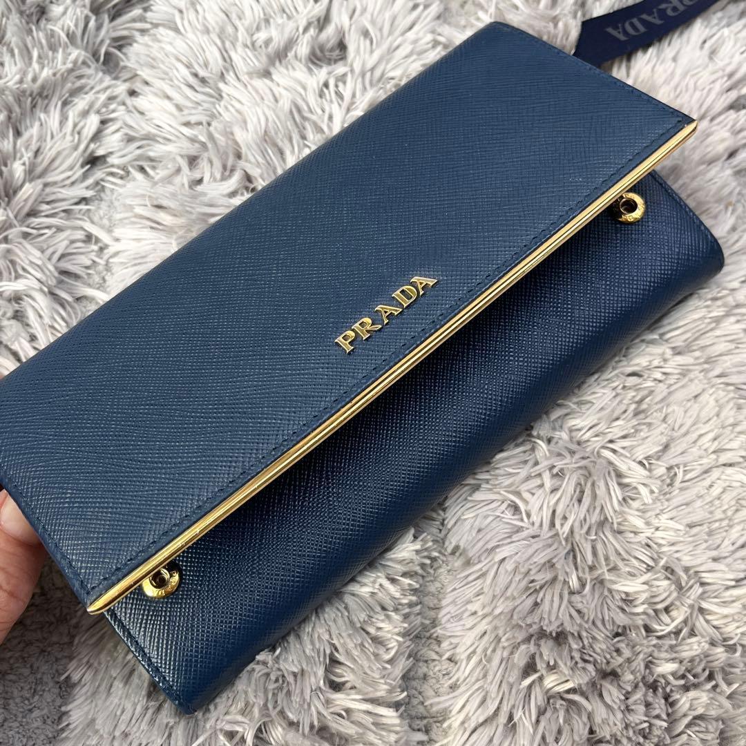 美品✨PRADA サフィアーノ　メタルバー　メタルロゴ　ネイビー　長財布