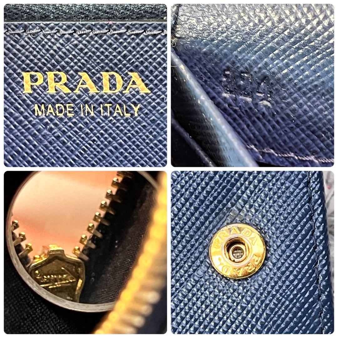 美品✨PRADA サフィアーノ　メタルバー　メタルロゴ　ネイビー　長財布