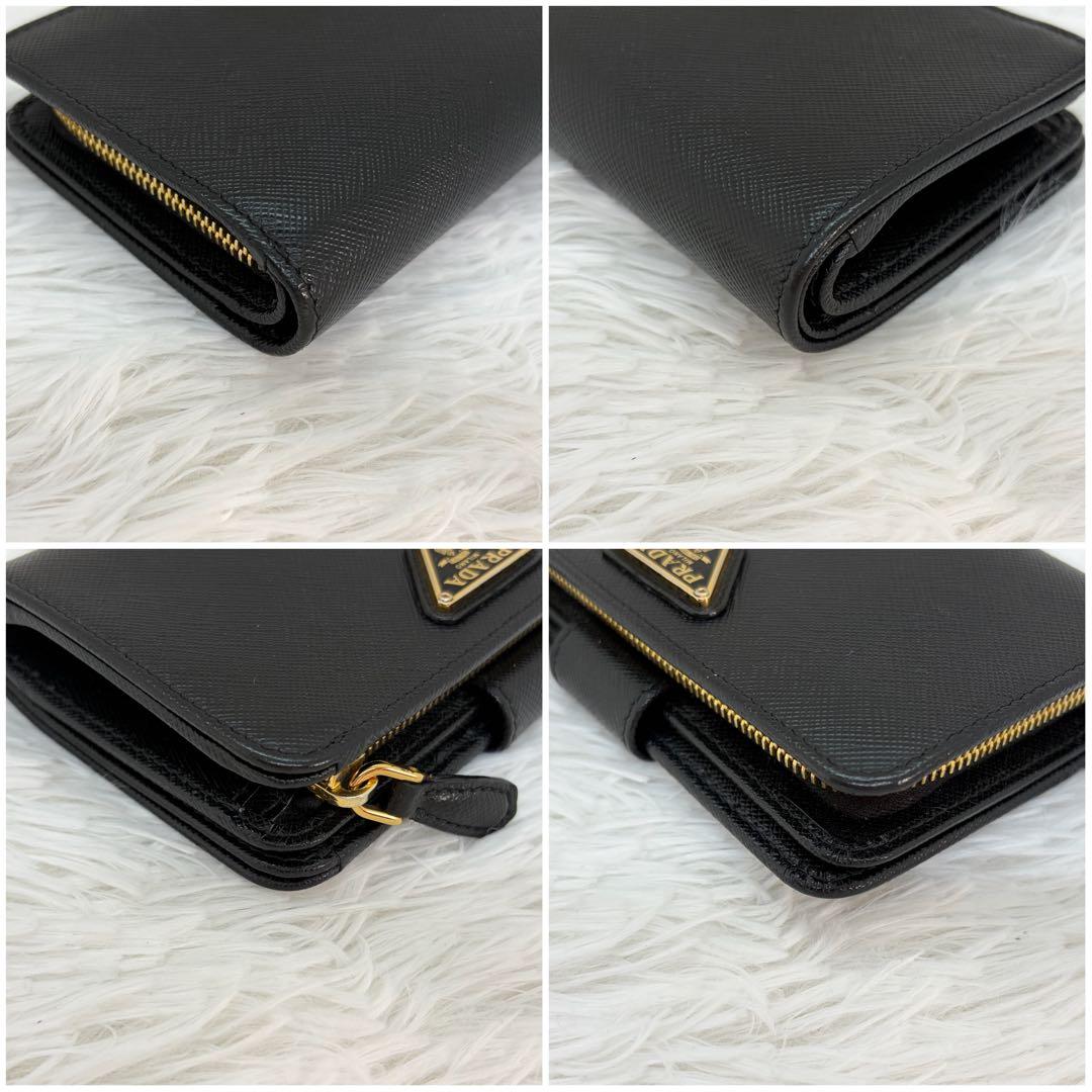 RFID搭載/未使用級✨プラダ　二つ折り財布 三角ロゴ L字 レザー 黒