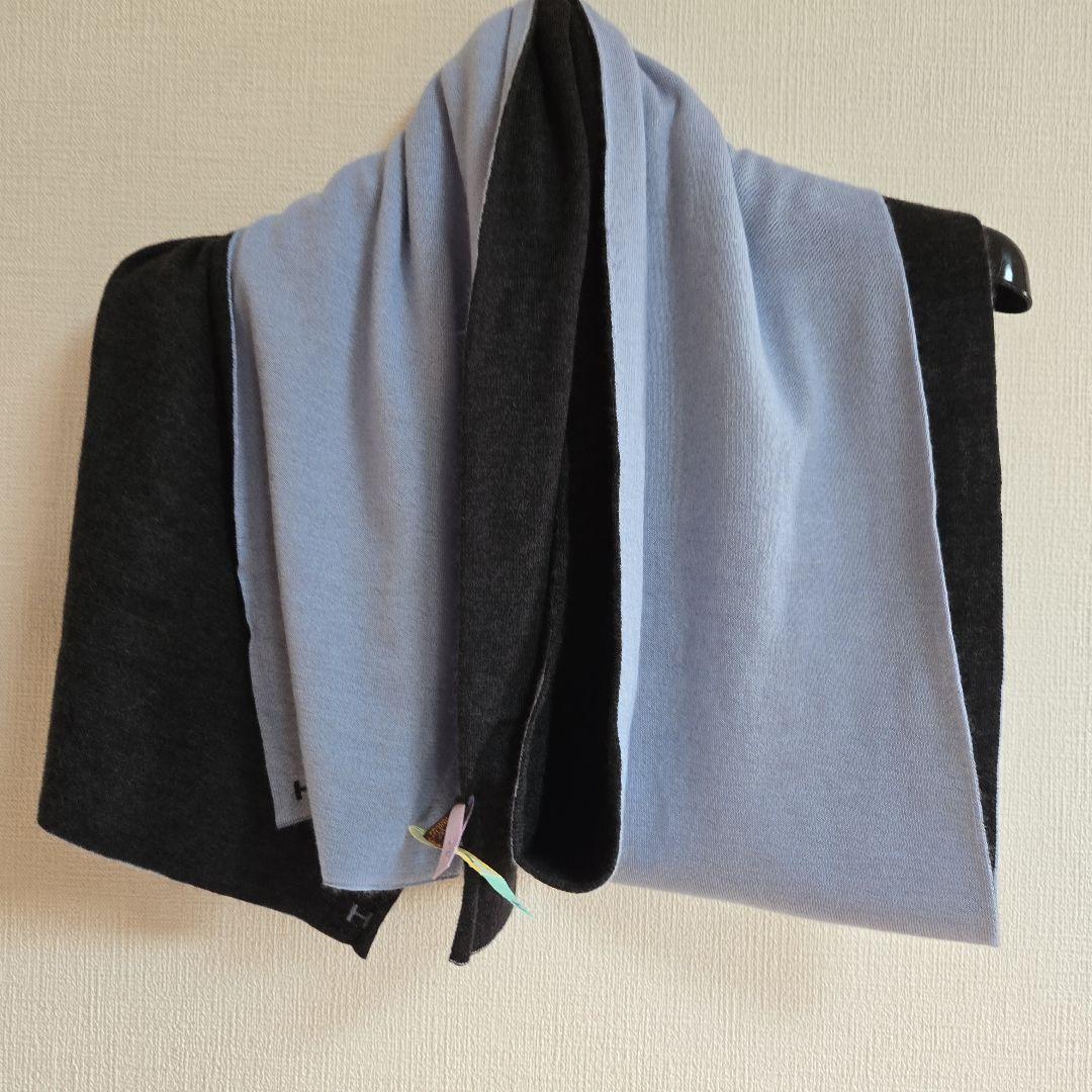 HERMES リバーシブルマフラー 黒/青　男女兼用カシミアシルククリーニング済