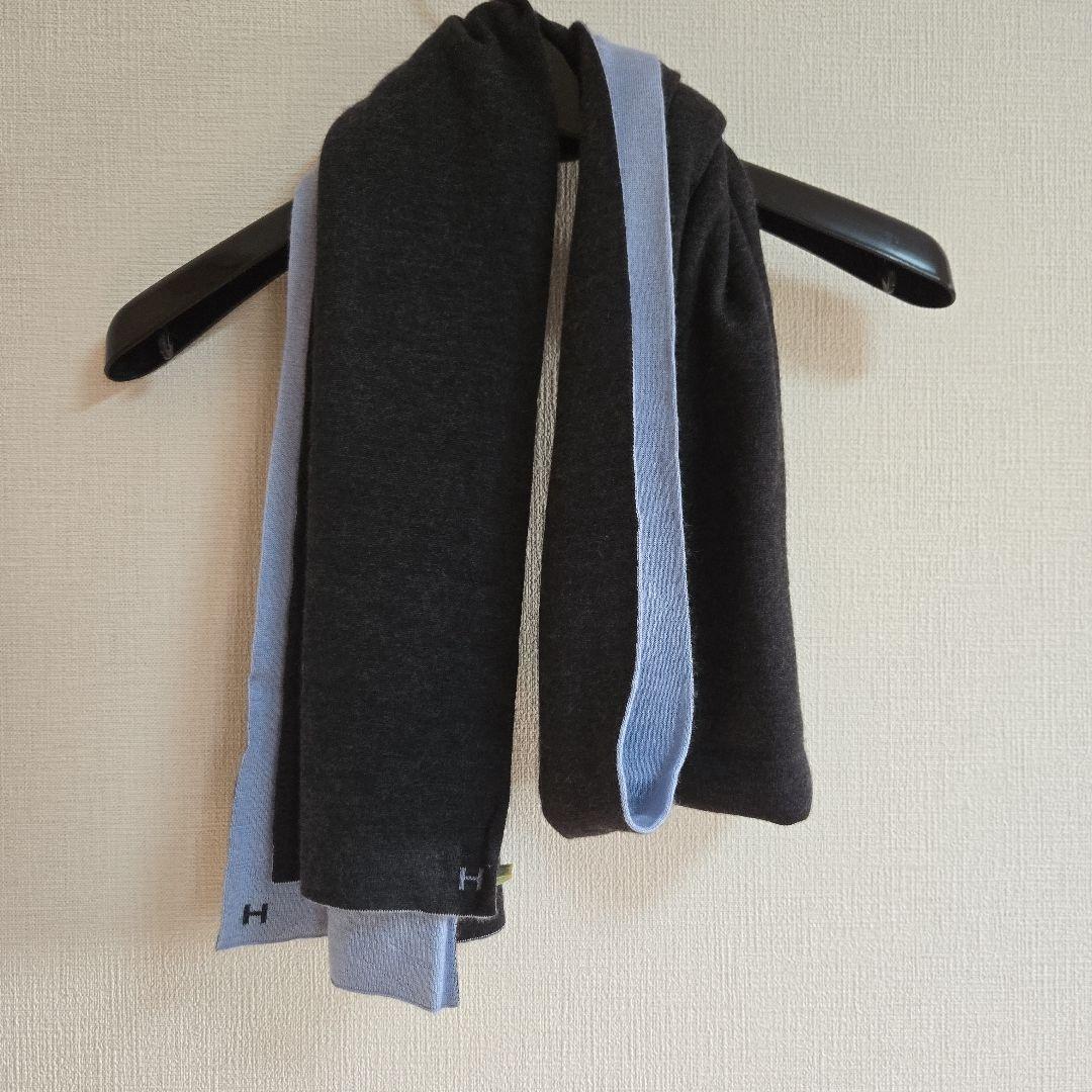 HERMES リバーシブルマフラー 黒/青　男女兼用カシミアシルククリーニング済