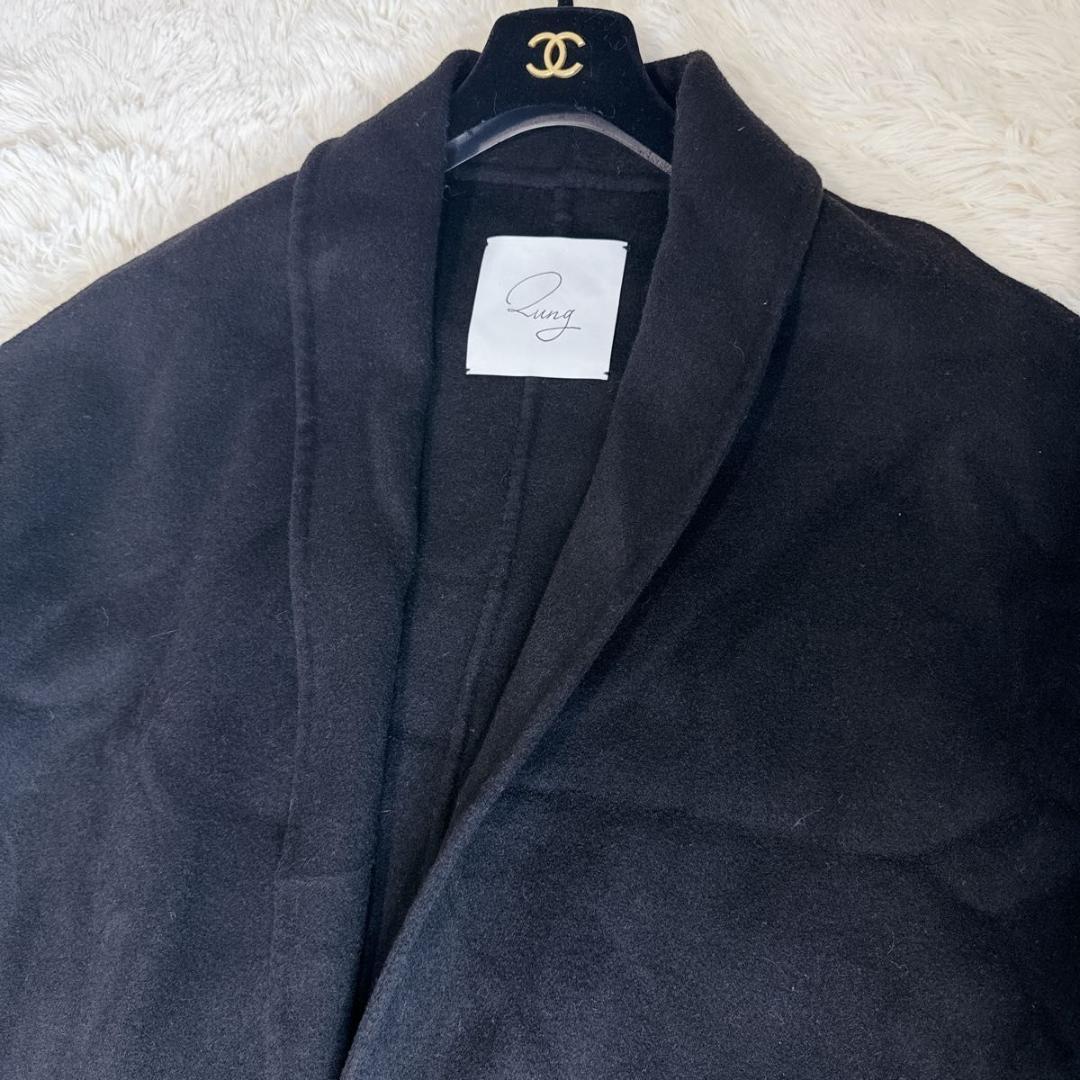 QUNG クン ドロップショルダーファーロングコート 黒 カシミヤ ウール