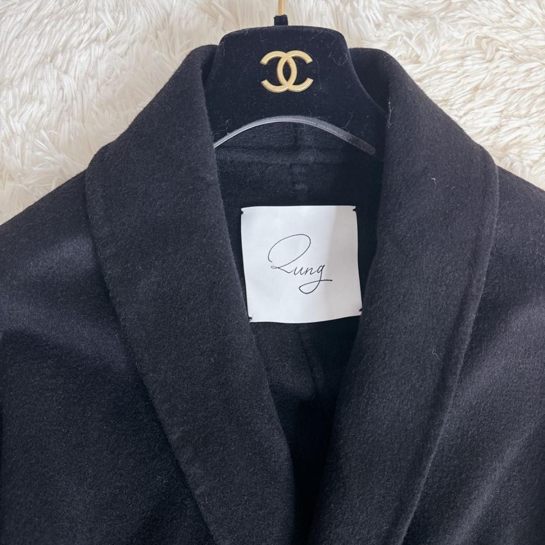QUNG クン ドロップショルダーファーロングコート 黒 カシミヤ ウール