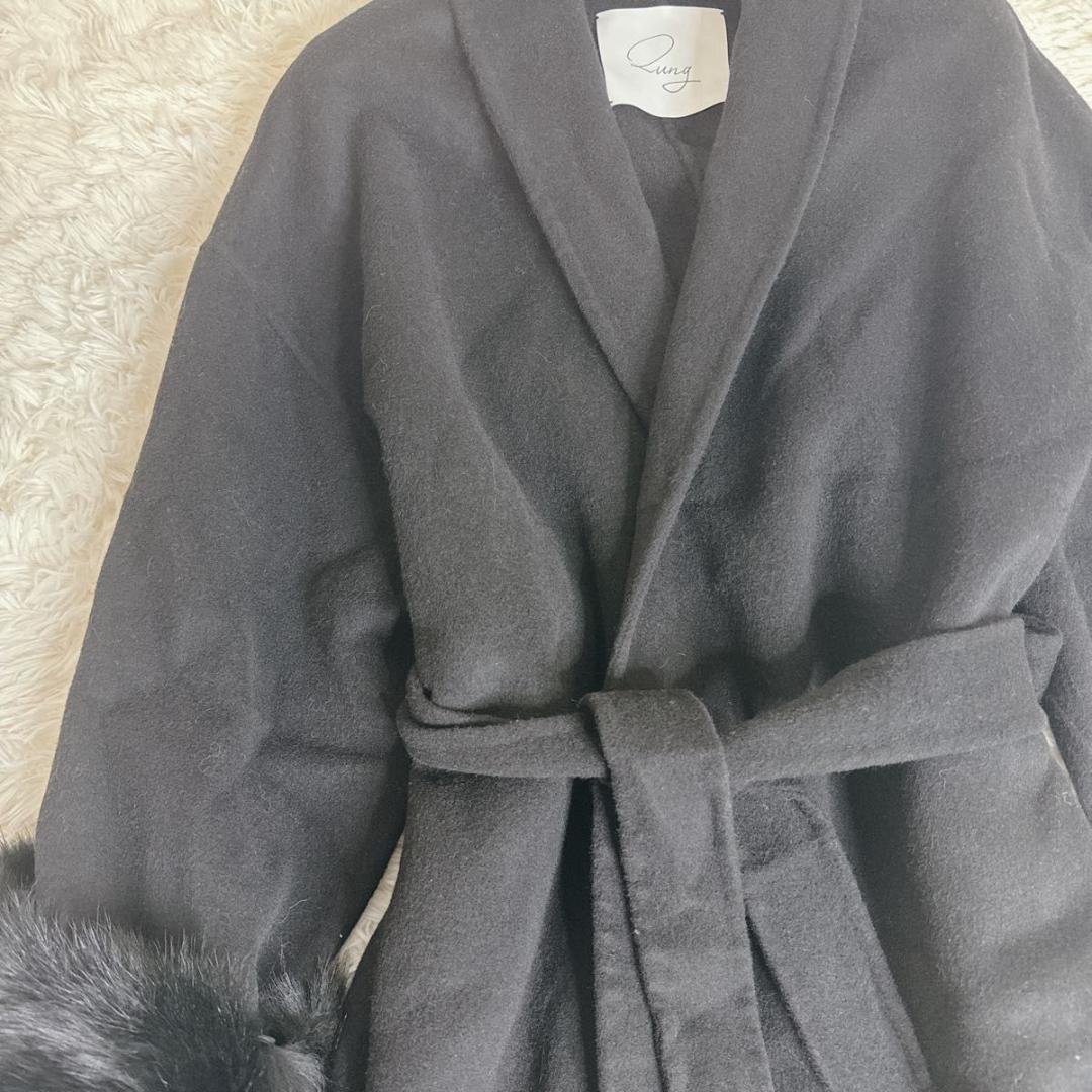 QUNG クン ドロップショルダーファーロングコート 黒 カシミヤ ウール