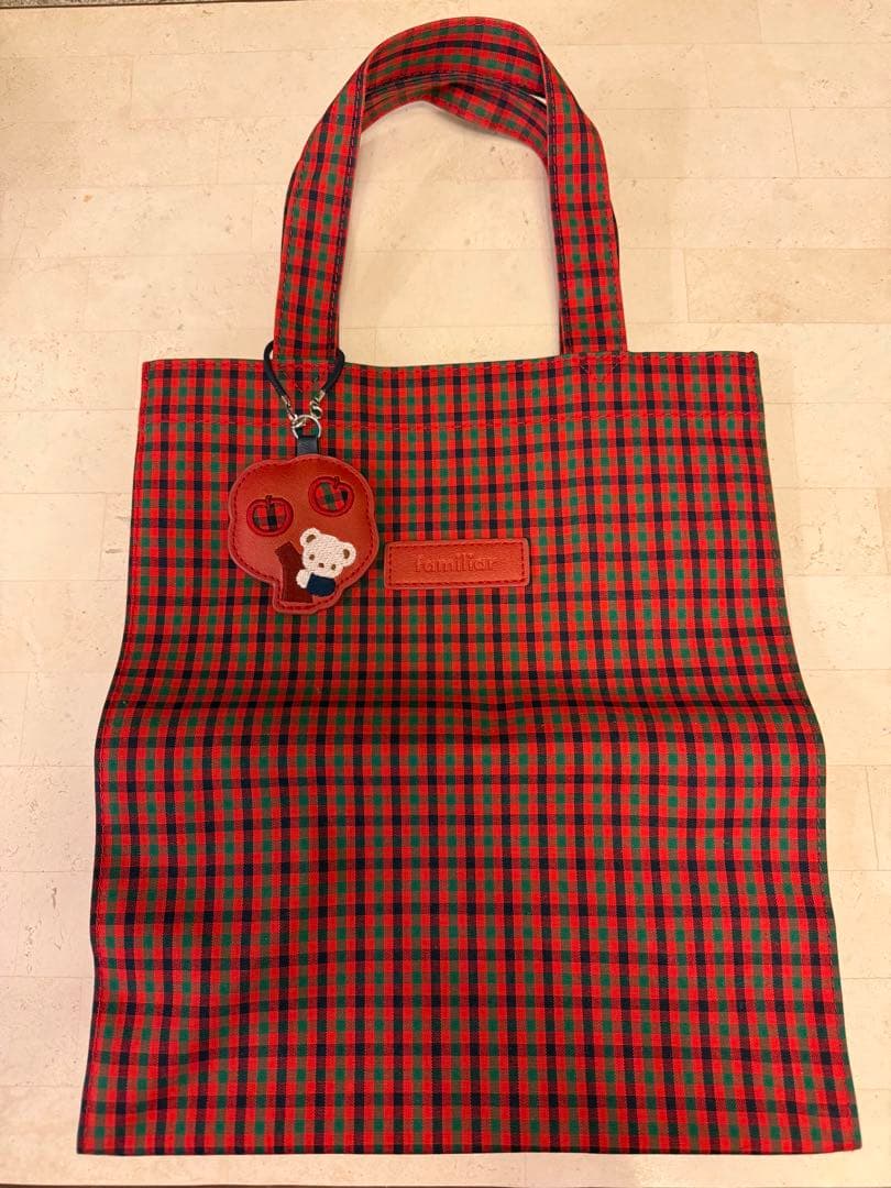 familiar 赤チェック トートバッグ 大