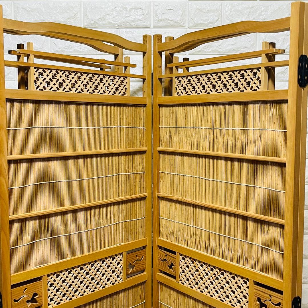 古い竹簾屏風 衝立 パーテーション 四連 透かし彫り 古道具