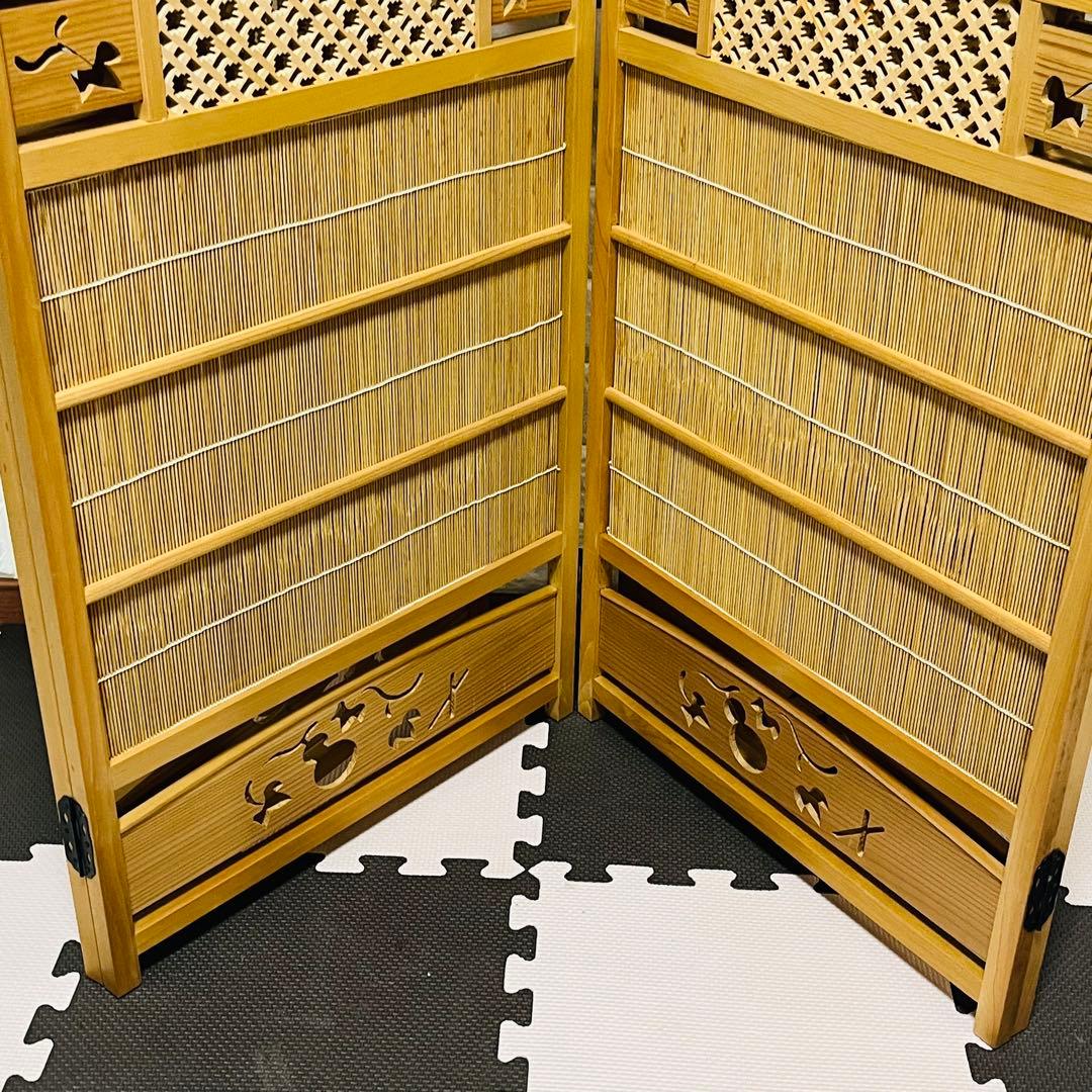 古い竹簾屏風 衝立 パーテーション 四連 透かし彫り 古道具
