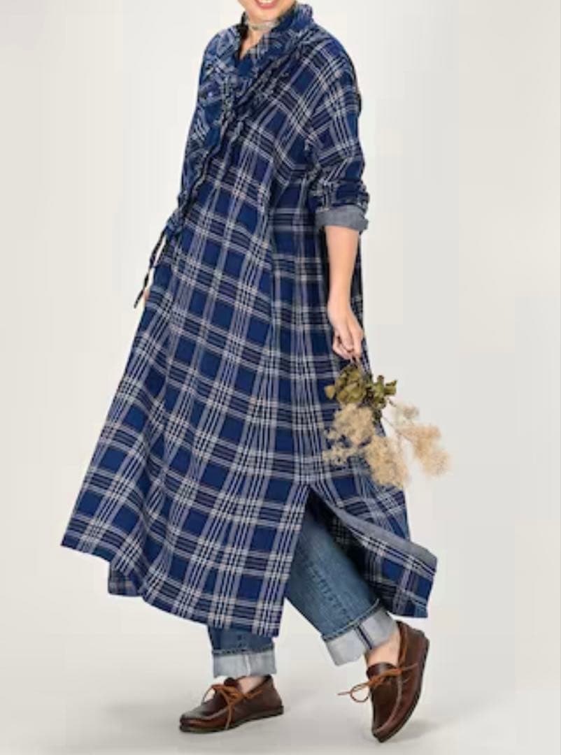 45R 藍インドネルチェックのカシュクールドレス