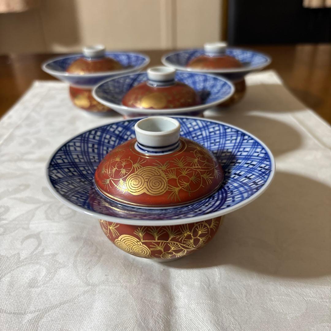 九谷焼　上出長右衛門　上出長右衛門窯　煮物碗　むし碗　蓋付き小鉢　4 個