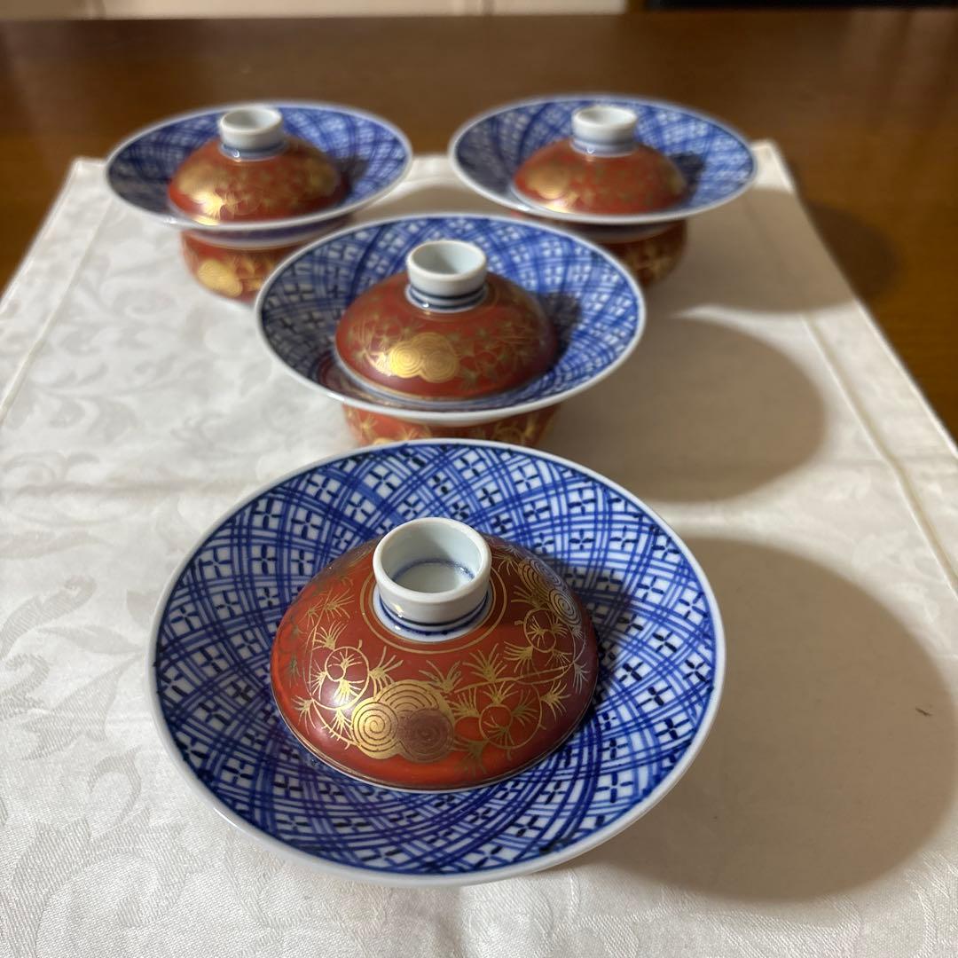 九谷焼　上出長右衛門　上出長右衛門窯　煮物碗　むし碗　蓋付き小鉢　4 個