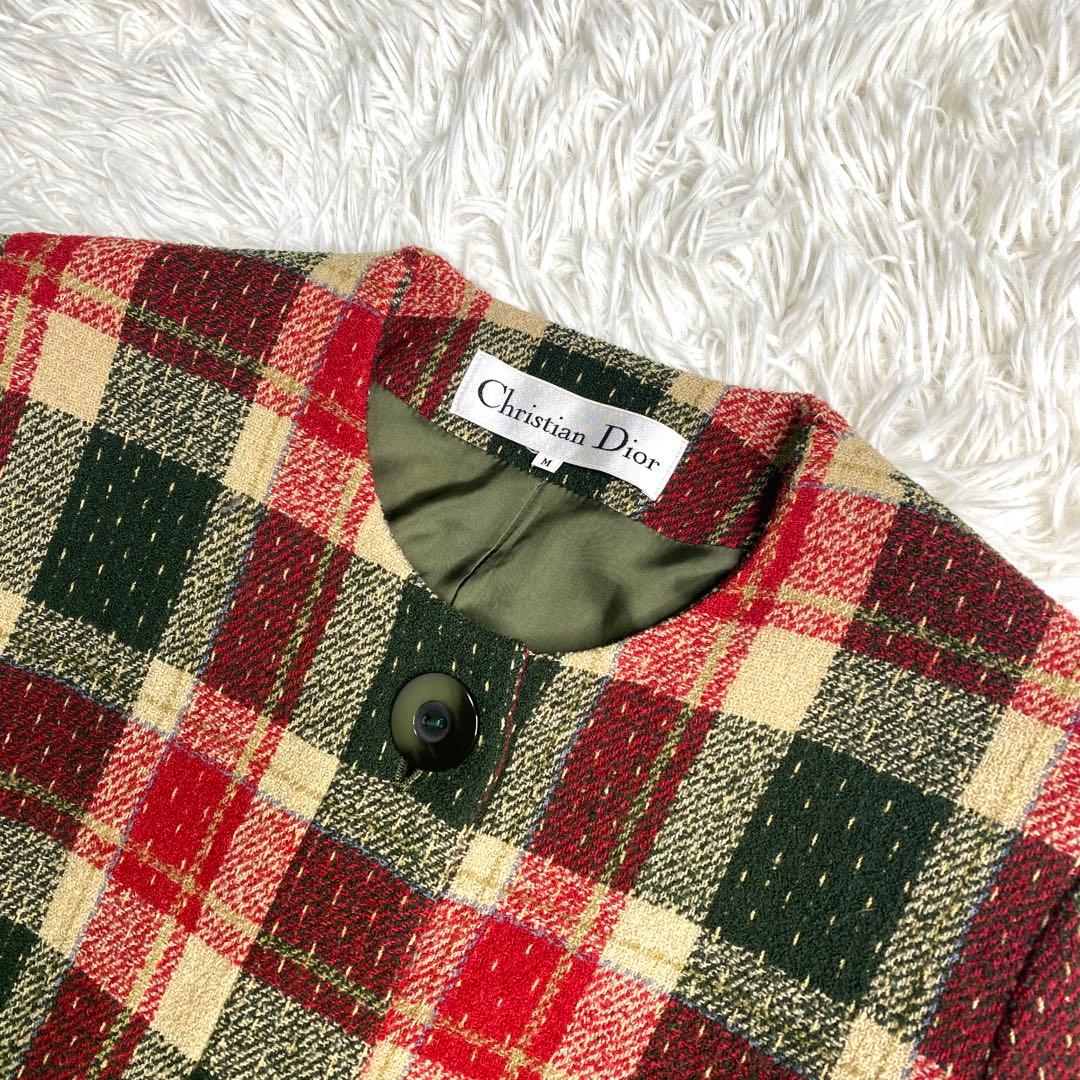 良品✨Christian Dior ノーカラー ジャケット ツイード チェック