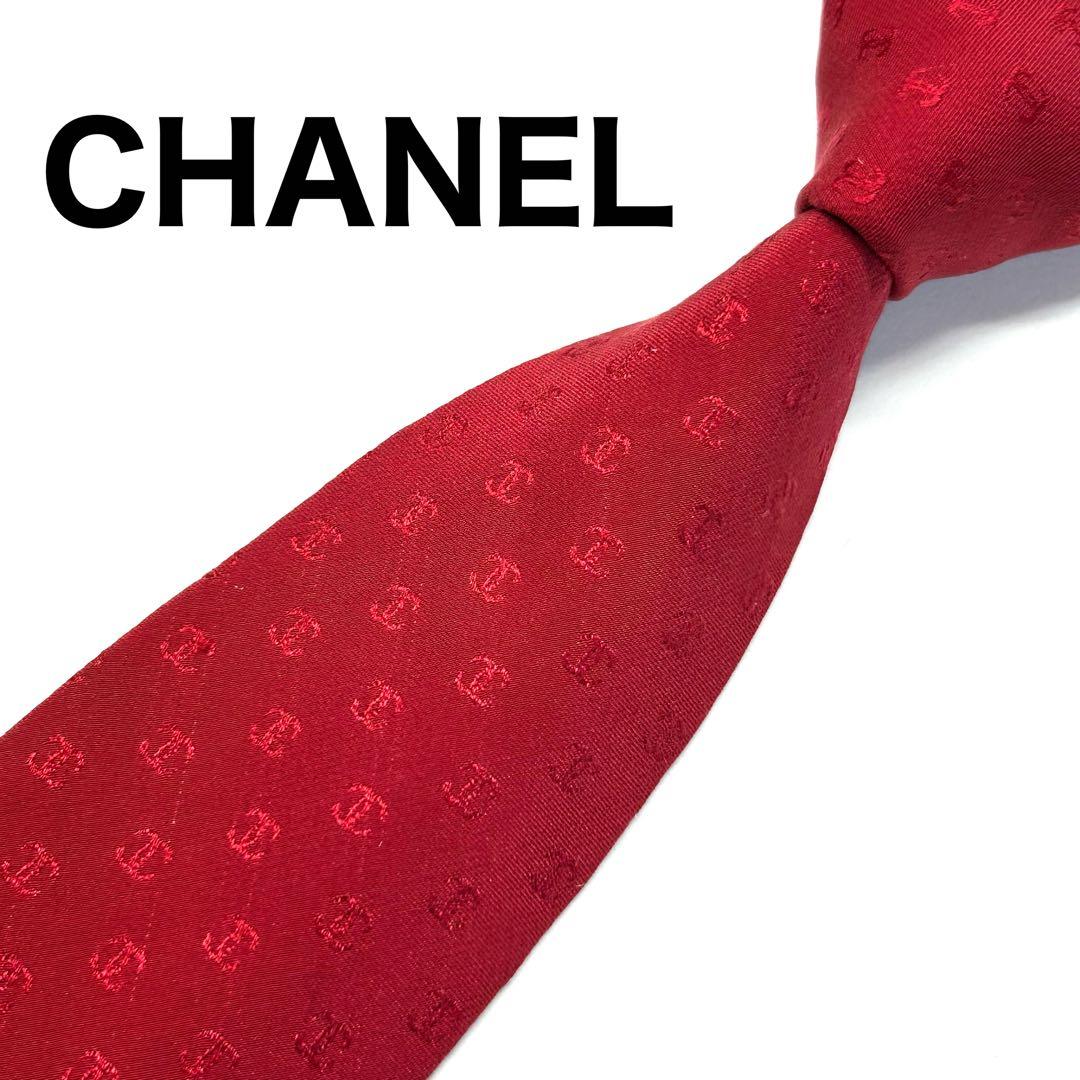 【未使用に近い✨】シャネル ネクタイ レッド ココマーク 総柄 ロゴ 高級シルク