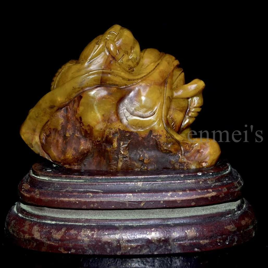 寿山石 田黄石 亀形彫刻 古印材 丁亥年作 竹唐刻 木箱付 美術収蔵品 風水開運