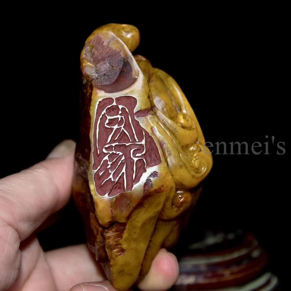 寿山石 田黄石 亀形彫刻 古印材 丁亥年作 竹唐刻 木箱付 美術収蔵品 風水開運