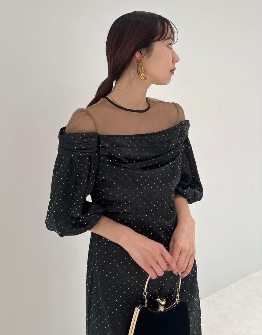 新品未使用　LEJA ドットストーンパフスリーブスリットIラインワンピースドレス