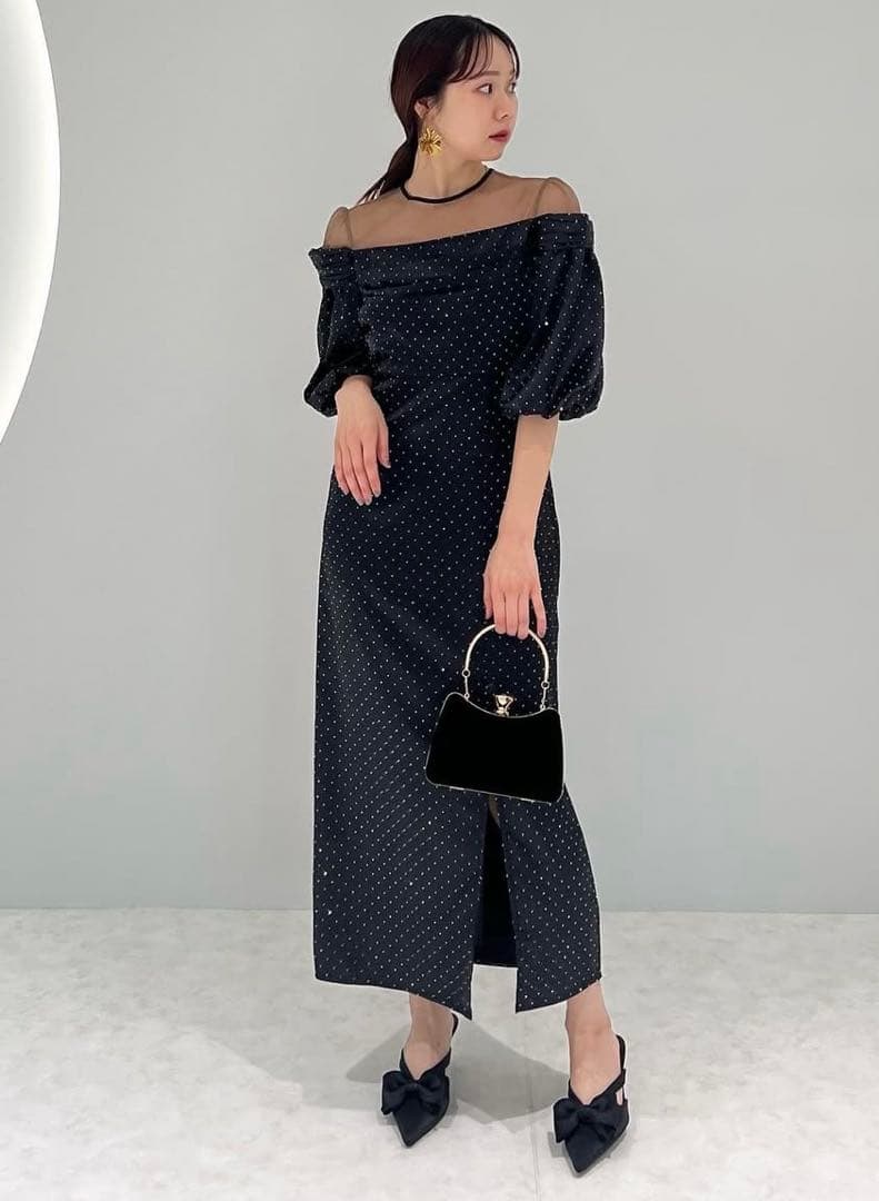 新品未使用　LEJA ドットストーンパフスリーブスリットIラインワンピースドレス