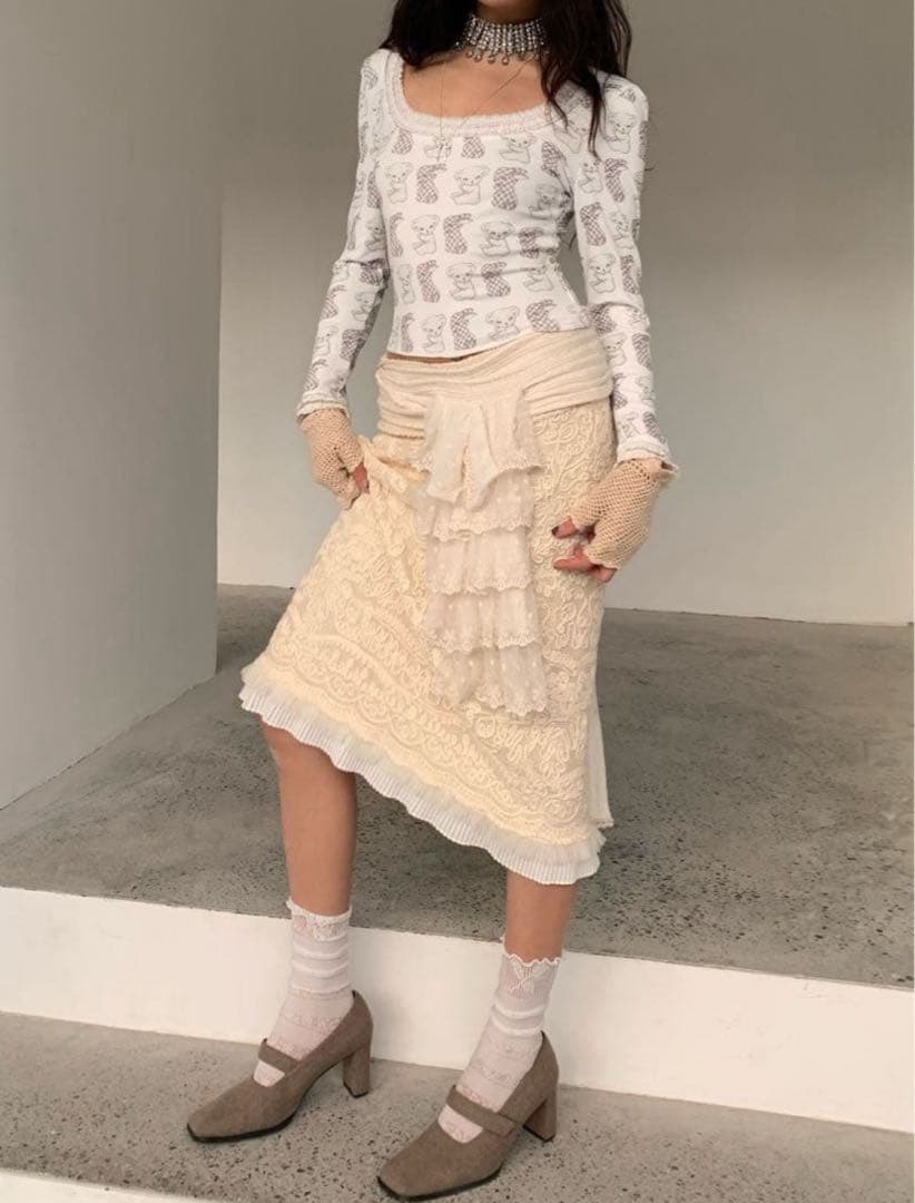 chipschips猫プリント ホワイト 長袖トップス