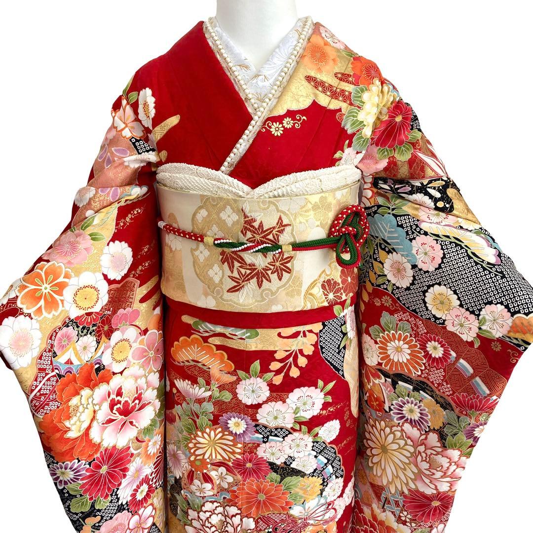 赤 古典柄 ゆったり 振袖7点セット‼️ 成人式 フルセット NO6ま6