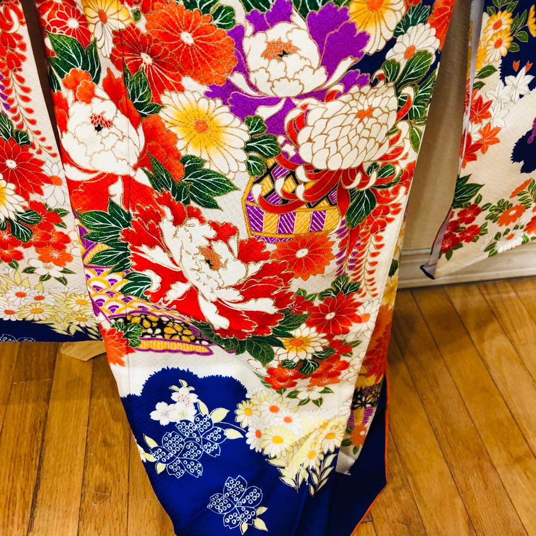 七五三 七歳‼️人気 Blueに花籠菊金彩煌びやか際立つ‼️安心フルセット