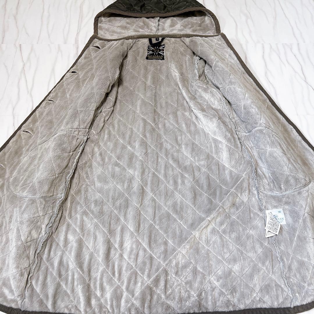 ラベンハム キルティングロングコート ボア フーディ グレー 38 英国製