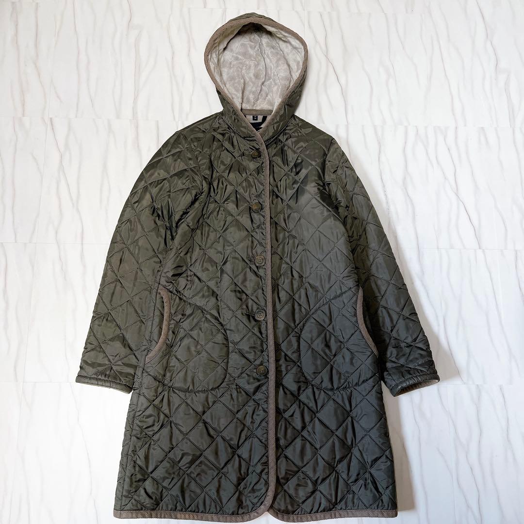 ラベンハム キルティングロングコート ボア フーディ グレー 38 英国製