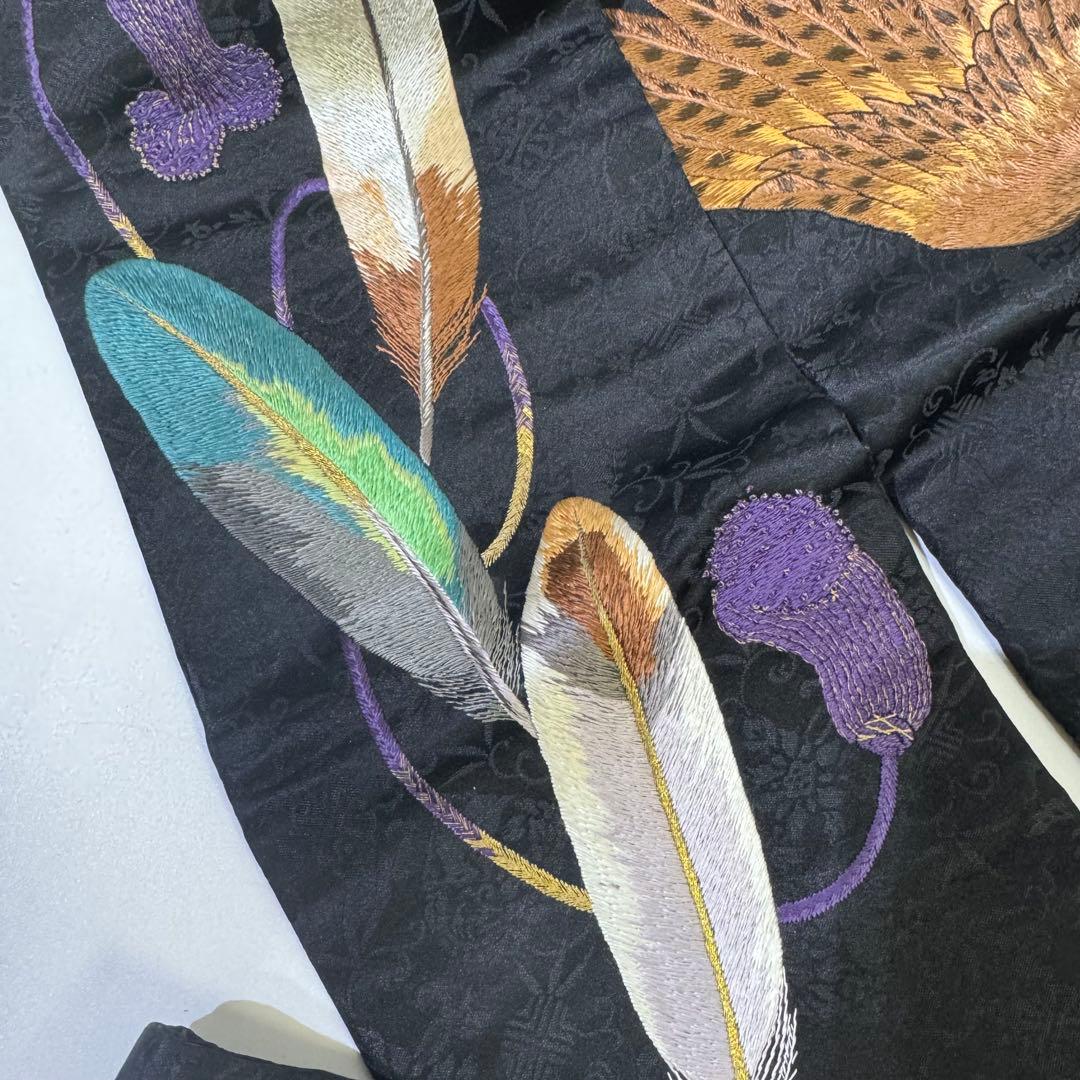 鷹の刺繍 名古屋帯 黒　アンティーク　刺繍帯　羽