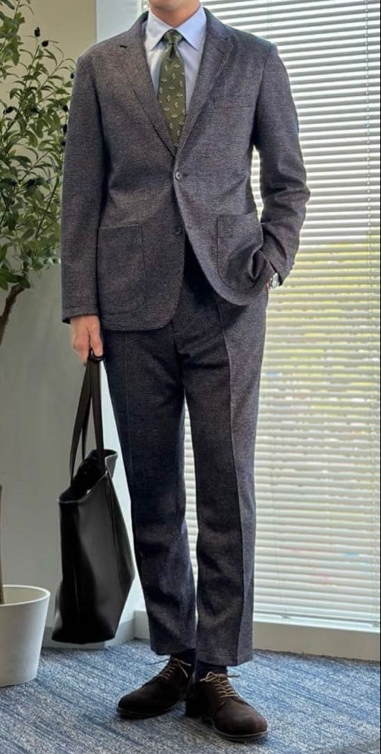 【未使用タグ付】金のパジャマスーツプレミアム ウールジャージ 紺グレンチェックL