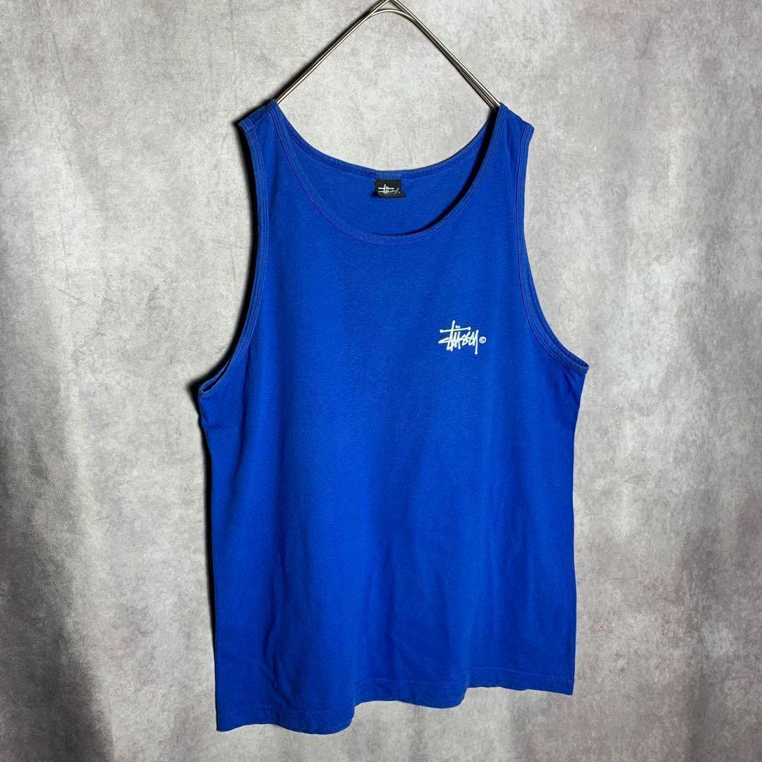 【STUSSY タンクトップ　背中ロゴ　シンプル　ストリート　青　古着】