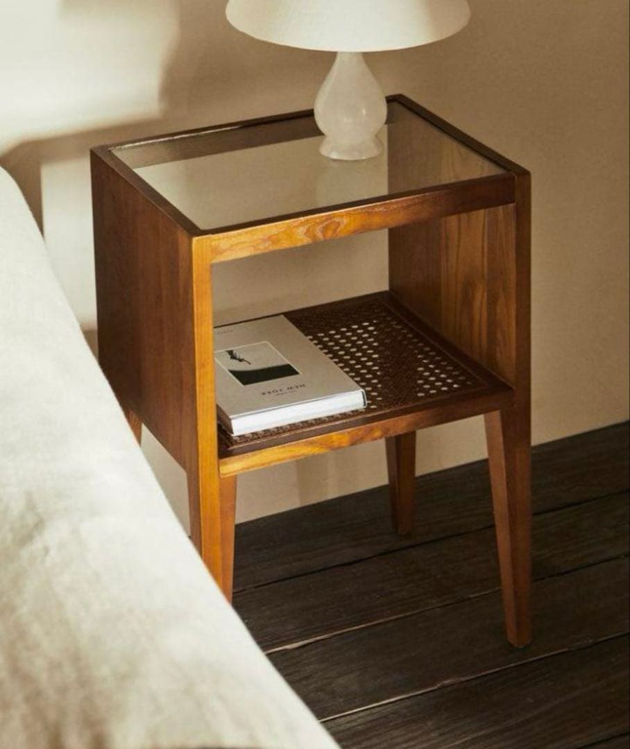 【ZARA  ザラホーム】サイドテーブル　ガラス×ラタン×ウッド