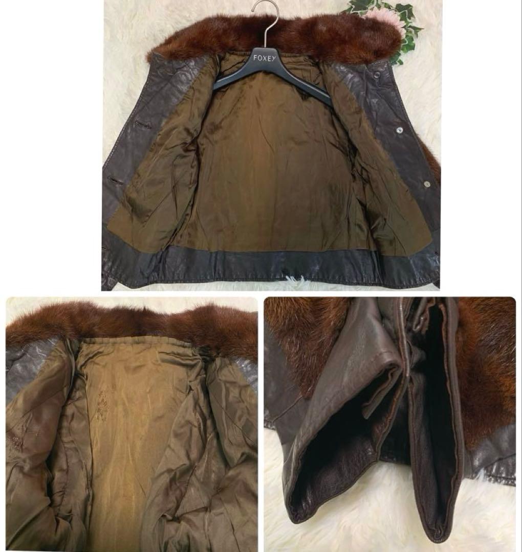 【本革×リアルミンクファー】 ジャケット M相当 濃茶 刺し毛＆密度◎ ショート