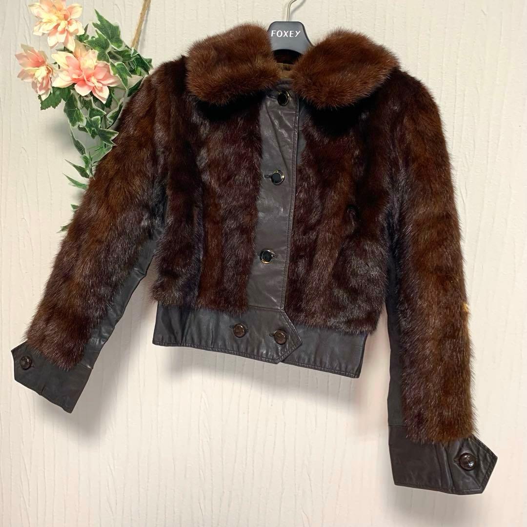 【本革×リアルミンクファー】 ジャケット M相当 濃茶 刺し毛＆密度◎ ショート