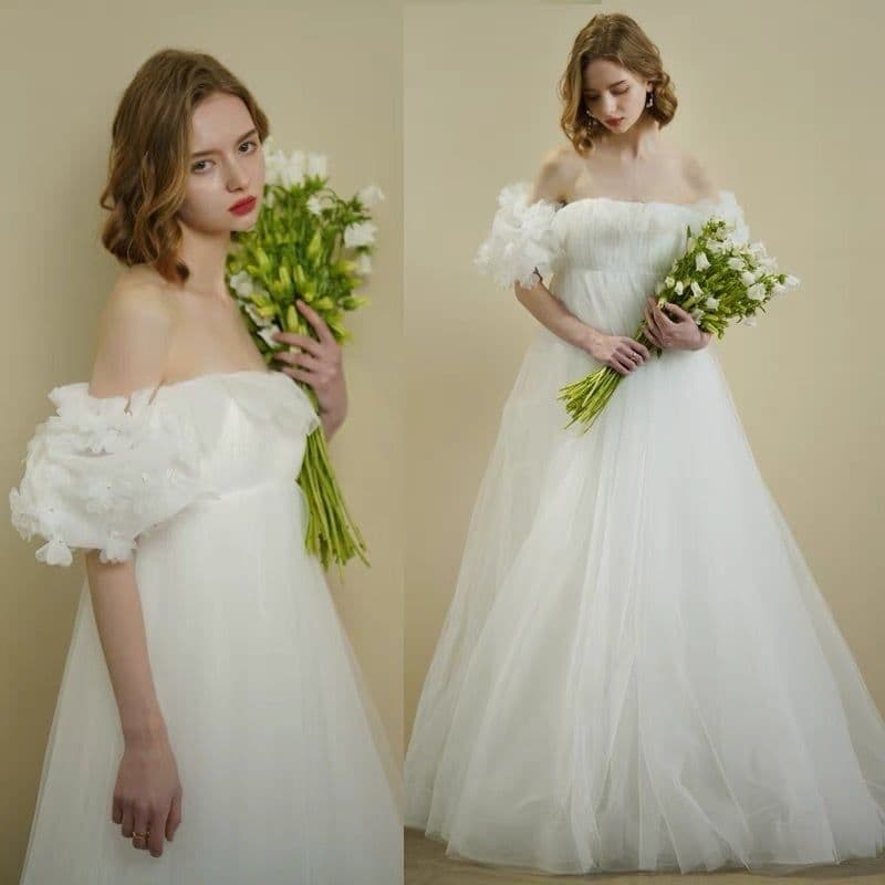 フラワー袖ウェディングドレス エンパイア（マタニティ対応）