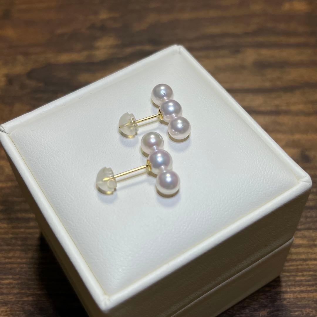 未使用 花珠級 あこや真珠ベビーパール 3連 パールピアス K18 3個並び
