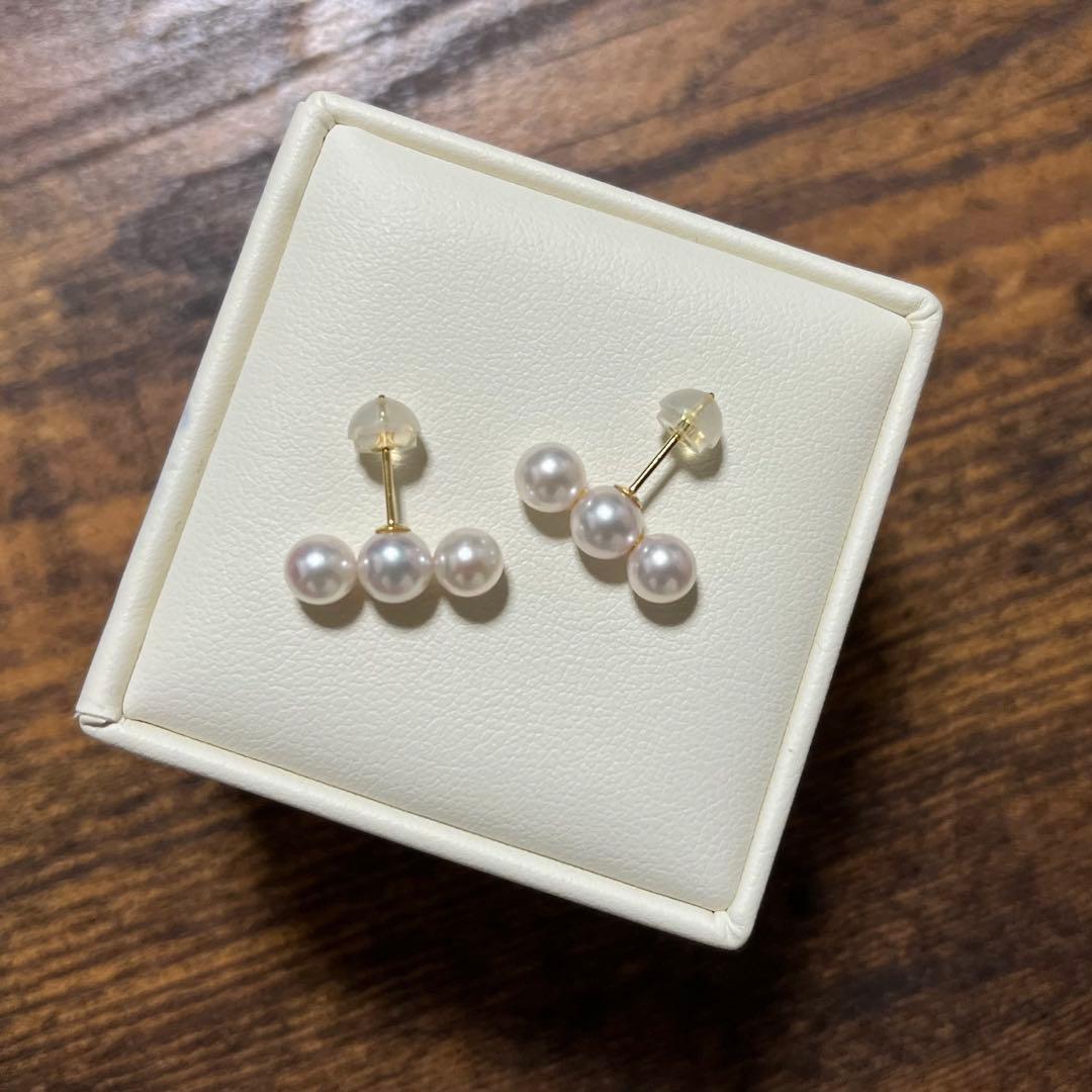 未使用 花珠級 あこや真珠ベビーパール 3連 パールピアス K18 3個並び