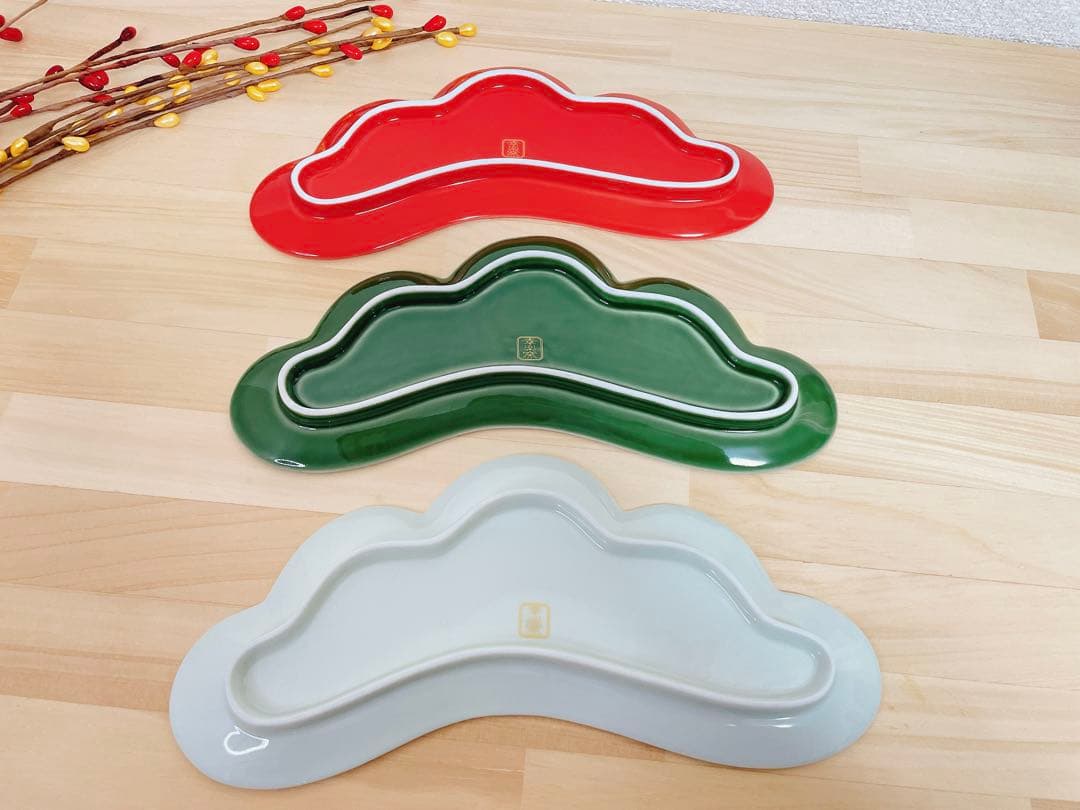 いーさん☆様ご依頼品　幸楽窯　錦金松葉形前菜皿　茶緑金　白金　赤金　3点セット