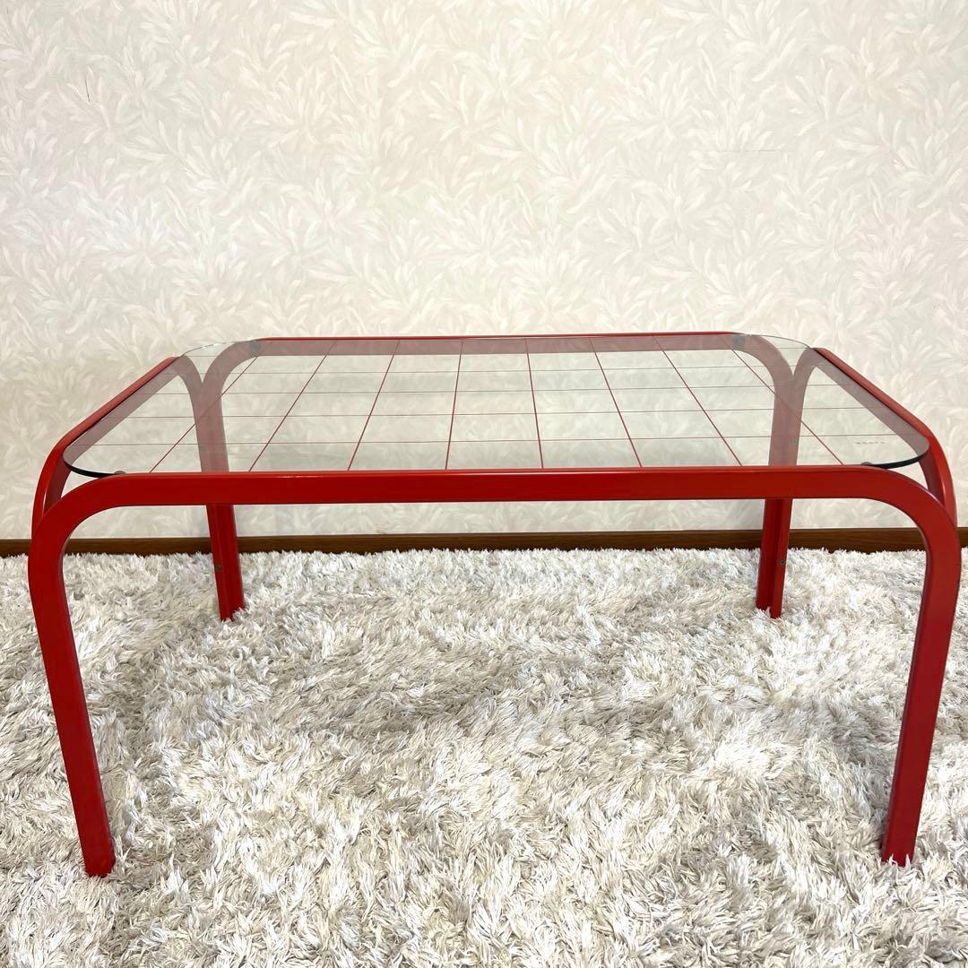 レトロポップ ガラステーブル アイアンテーブル グリッド柄 赤 80s 90s