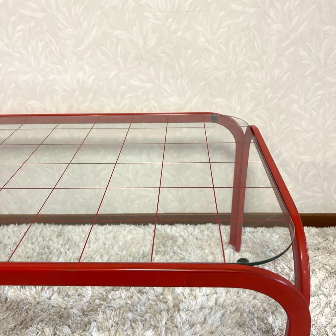 レトロポップ ガラステーブル アイアンテーブル グリッド柄 赤 80s 90s