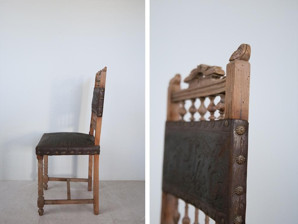 フランスアンティーク木製アンリ2世様式ダイニングチェア/レザー(90-111)