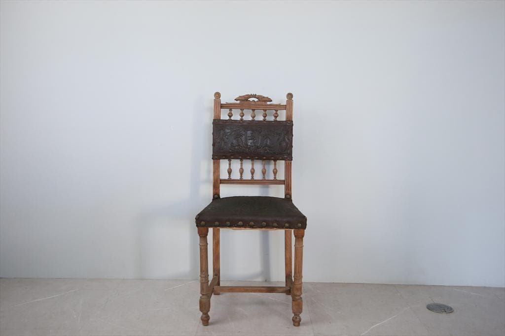 フランスアンティーク木製アンリ2世様式ダイニングチェア/レザー(90-111)