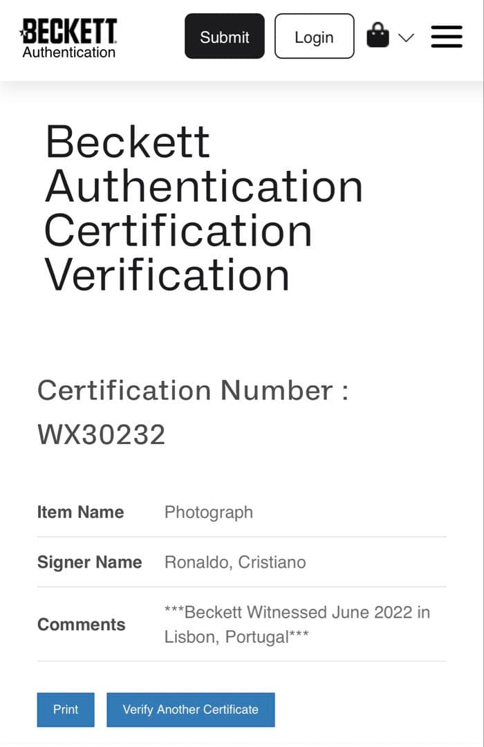 クリスティアーノロナウド 直筆サインフォト Beckett認証　額装済