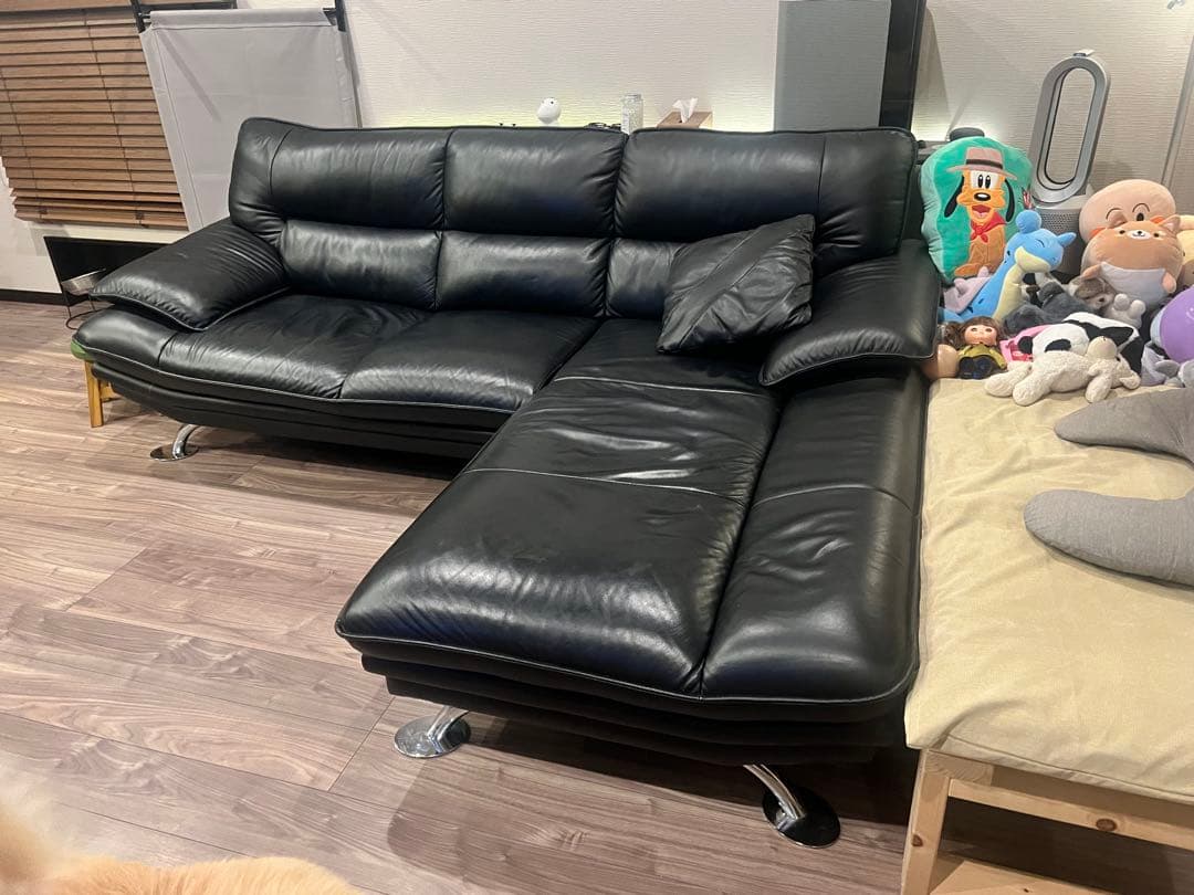 交渉可:ニトリ　本革カウチソファー黒　3人掛け左コーナー　ロゾ4クッション2個