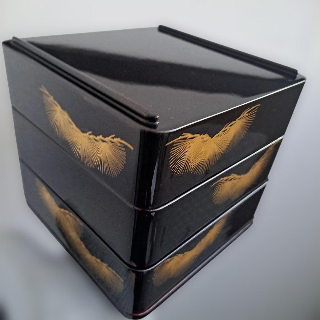 【大丸謹製　6寸\"3段重箱】天然木製 寿松葉蒔絵　未使用/長期保管品