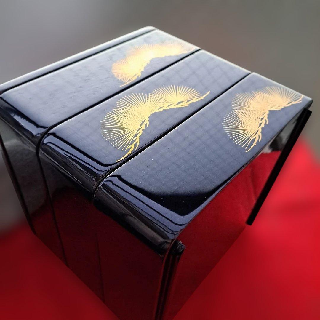 【大丸謹製　6寸\"3段重箱】天然木製 寿松葉蒔絵　未使用/長期保管品